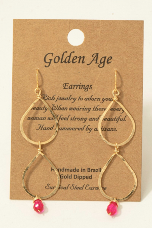 Hot Pink Gem Charm Double Teardrop Dangle Earrings